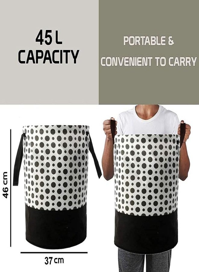 STORE MORE Round Canvas Black & White Polka Dot 45 L Laundry Bag/Hamper Durable Collapsible Laundry Storage Basket for Dirty Clothes Foldable Bin with Side Handle for Clothes, Toy Storage (Pack of 1) - Image 4